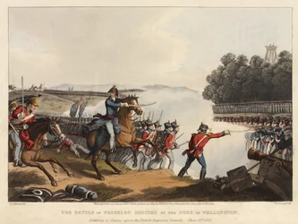 Die Schlacht von Waterloo entschieden durch den Herzog von Wellington, der einen Angriff auf die französischen kaiserlichen Garden anführt, 18. Juni 1815, graviert von M. Dubourg, 1819